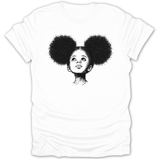 Line drawing of a young Black girl with large, curly hair styled in puffs.