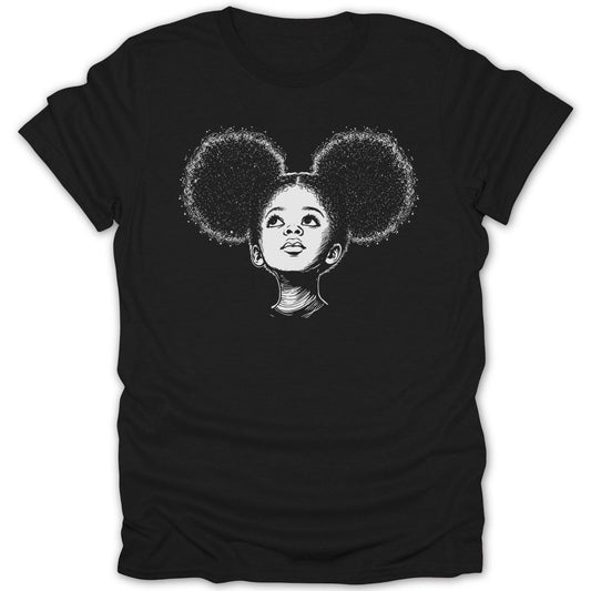 Sketch of a girl with large, curly afro puffs looking upwards.