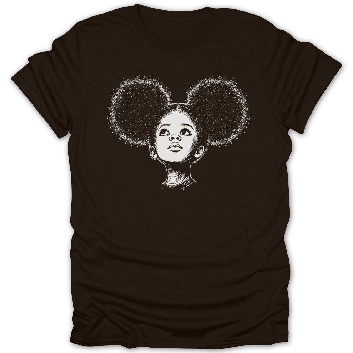 Line art of a young girl with large afro puffs, looking upwards.