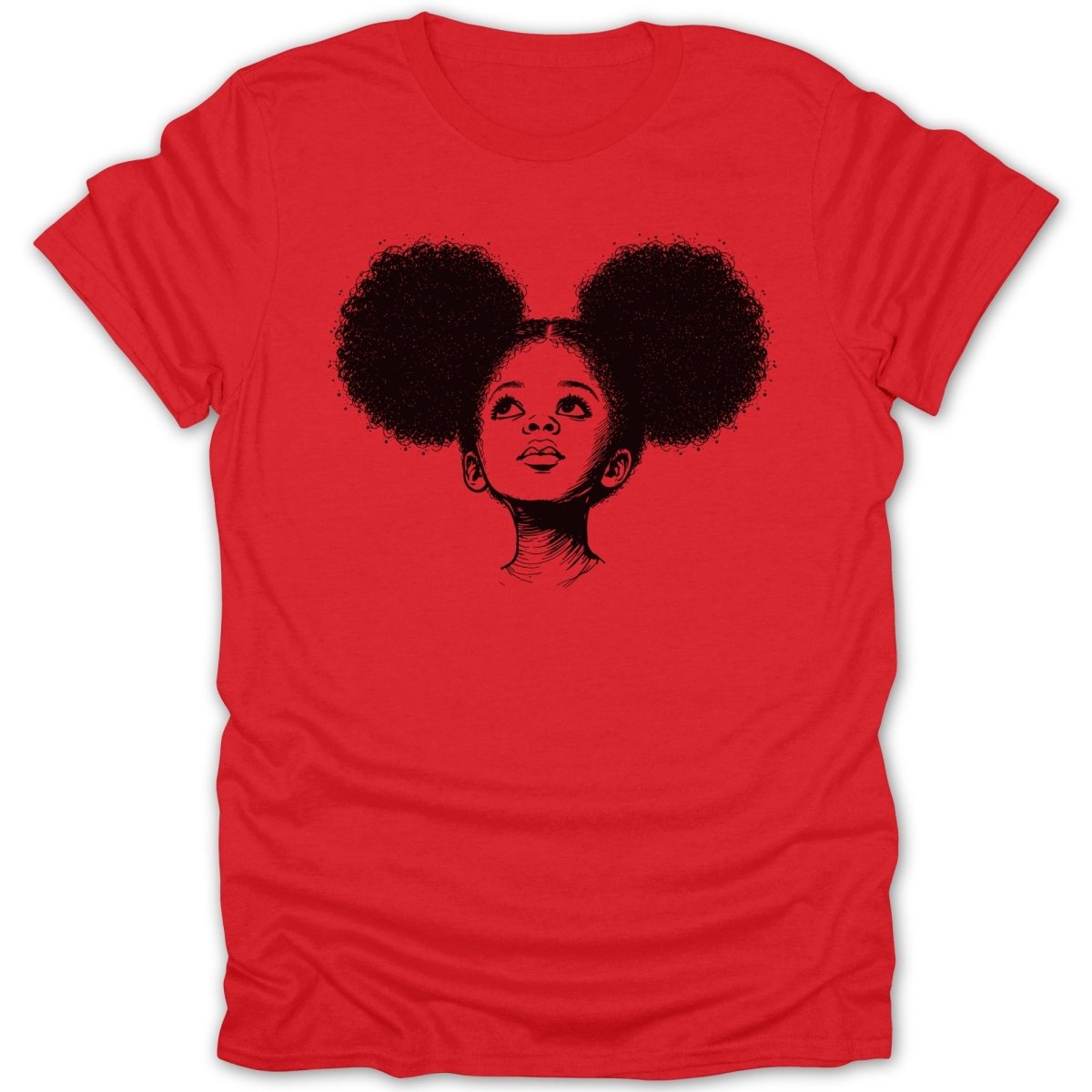 T-shirt with a black and white sketch of a young girl with large, poofy hair.