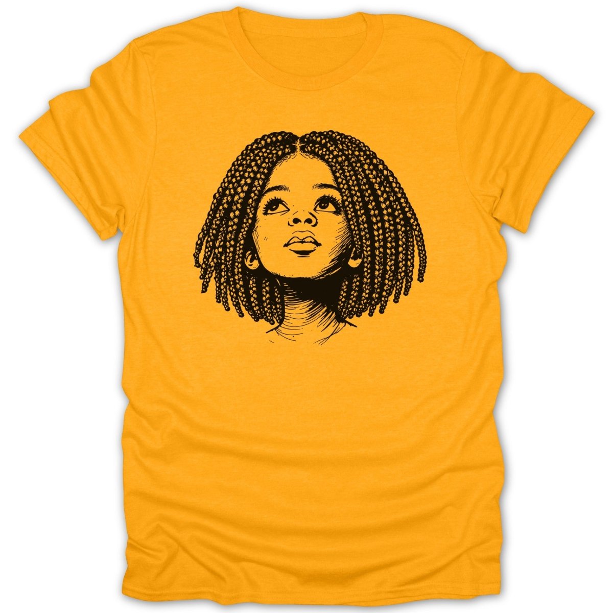 Sketch of a young Black girl with braided hair looking upwards.