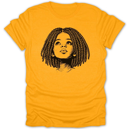 Sketch of a young Black girl with braided hair looking upwards.