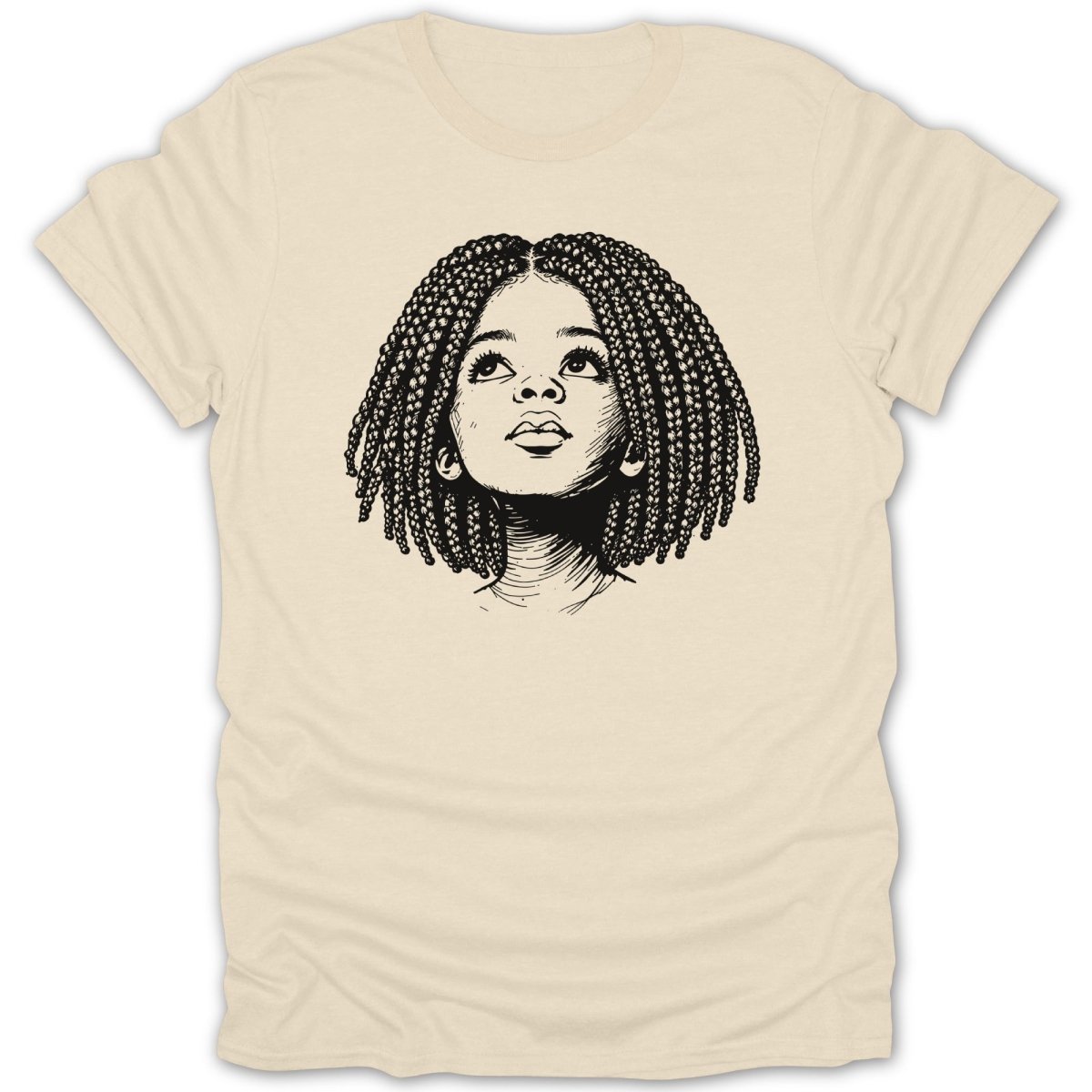 Line drawing of a young Black girl with braided hair looking up.
