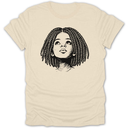 Line drawing of a young Black girl with braided hair looking up.
