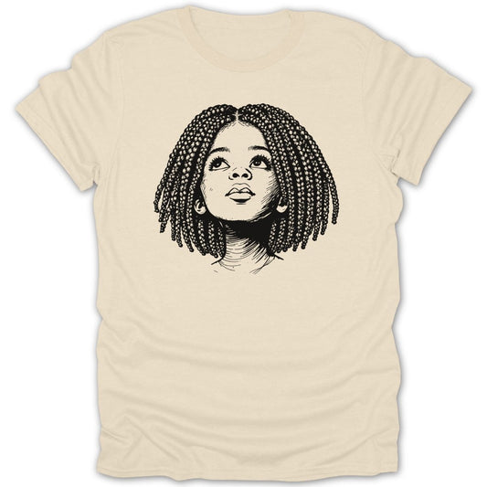 Line drawing of a young Black girl with braided hair looking up.