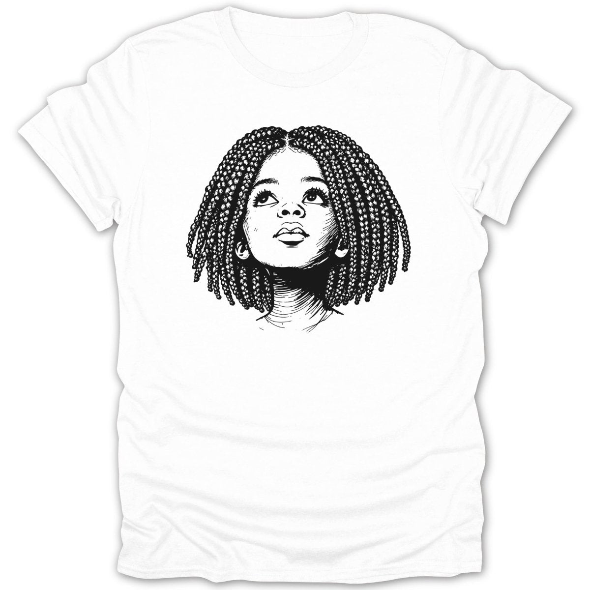 Black and white sketch of a young girl with braids looking upwards.