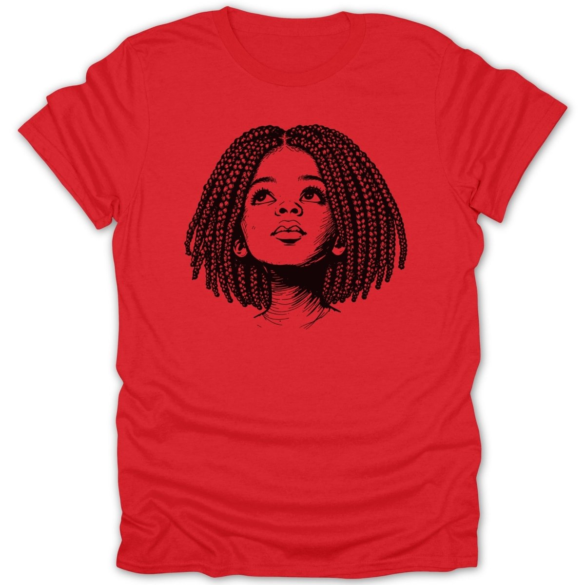 Black and white line drawing of a young Black girl with braided hair looking up.