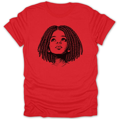 Black and white line drawing of a young Black girl with braided hair looking up.