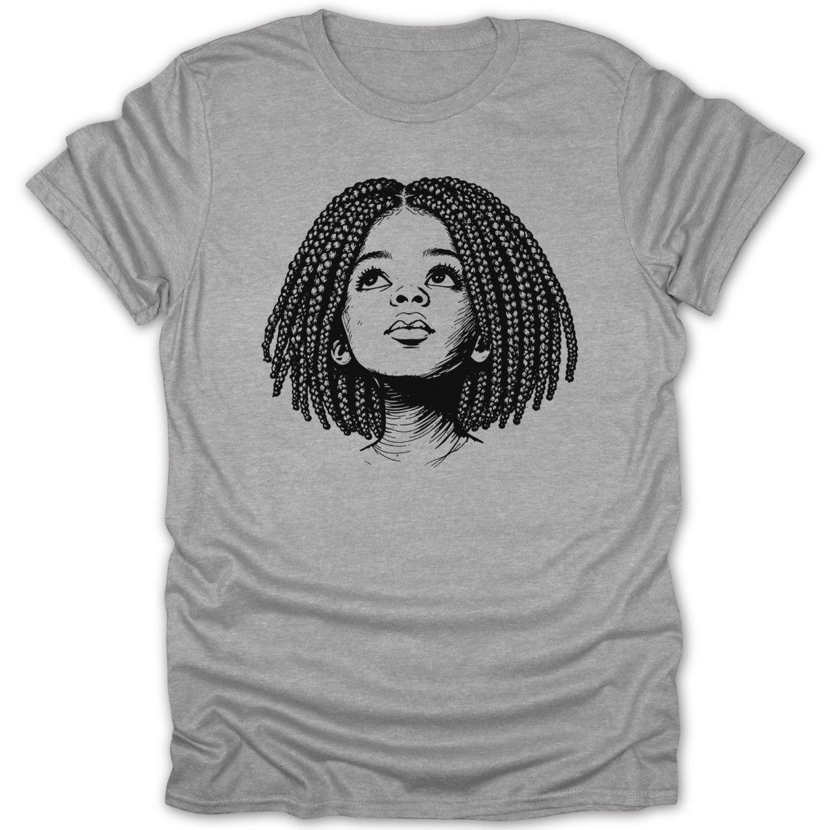 T-shirt with a black and white sketch of a young girl's face with braided hair.