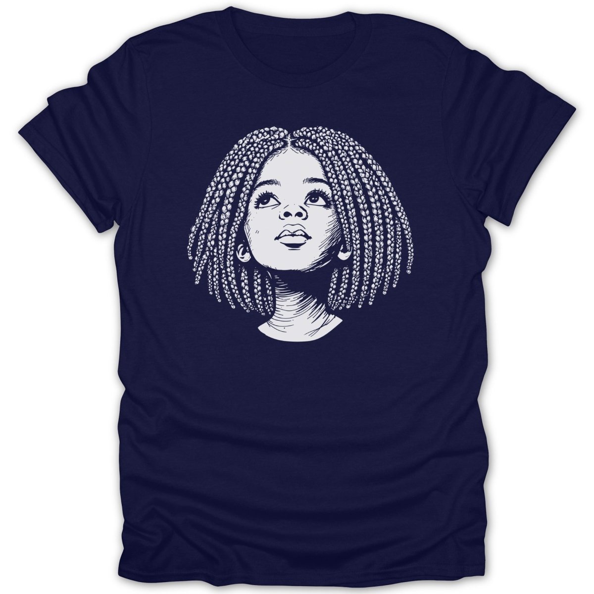T-shirt with line drawing of a young Black girl with braided hair looking up.