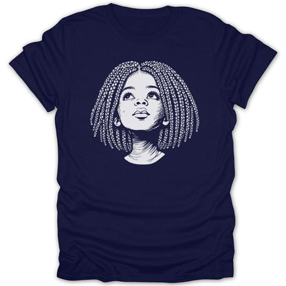 T-shirt with line drawing of a young Black girl with braided hair looking up.