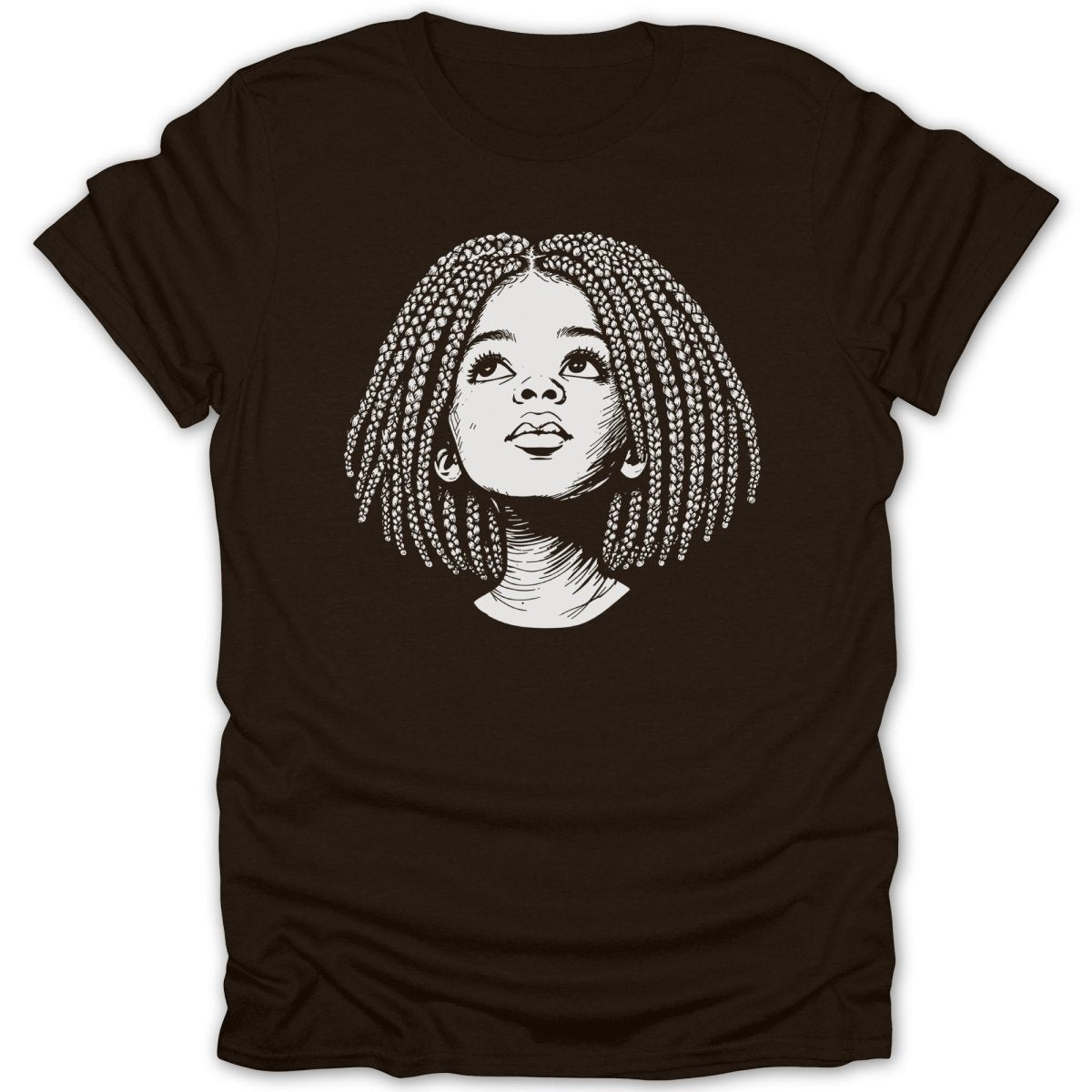 Line art sketch of a young Black girl with braided hair looking upwards.