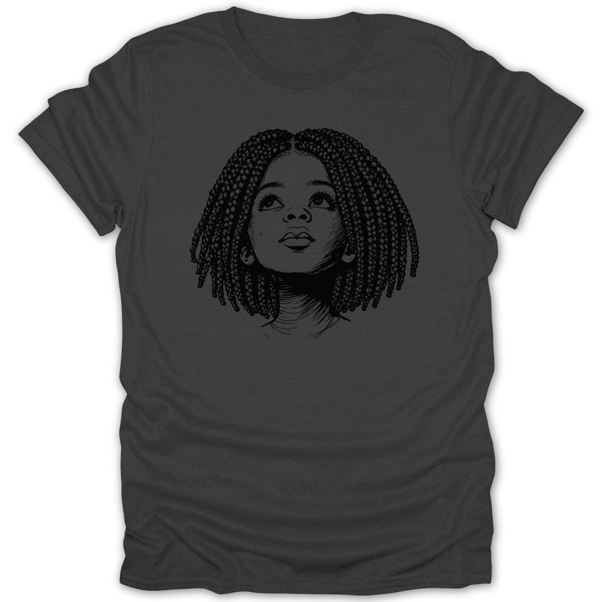 Line drawing of a girl with braided hair looking upwards on a dark grey t-shirt.