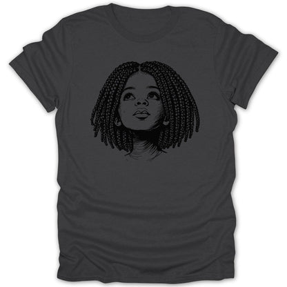 Line drawing of a girl with braided hair looking upwards on a dark grey t-shirt.