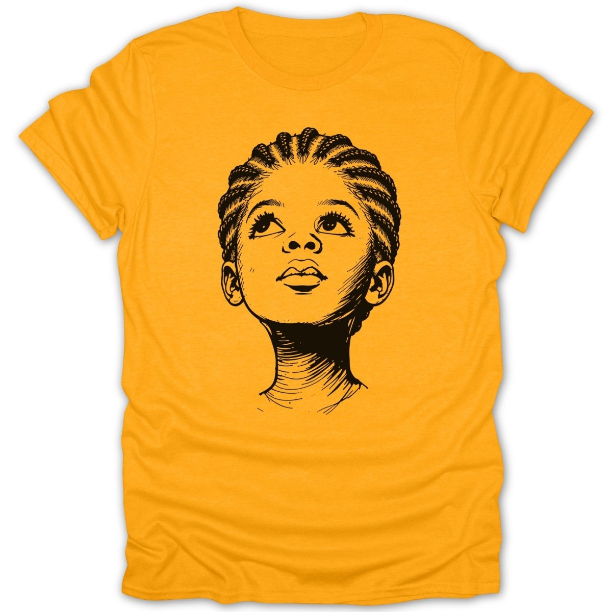 T-shirt with line drawing of a young Black girl looking upwards.