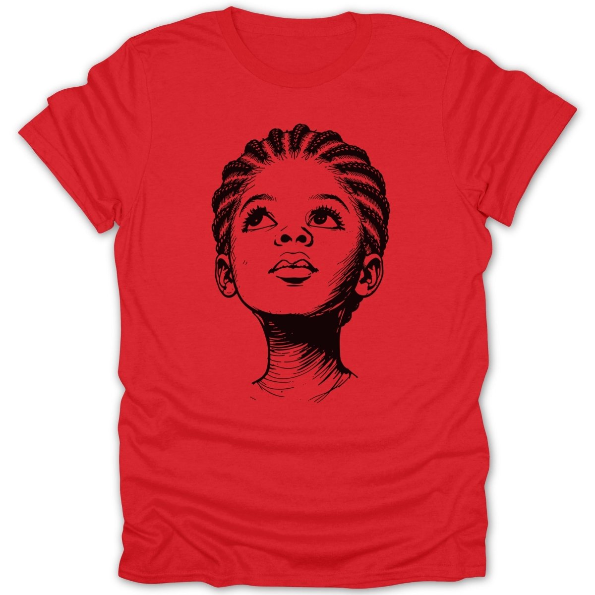 Black and white sketch of a young person's face on a red t-shirt.