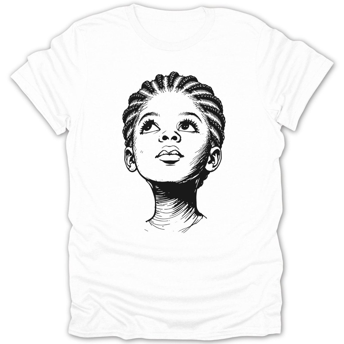 Line drawing of a young Black girl with braided hair looking upwards.