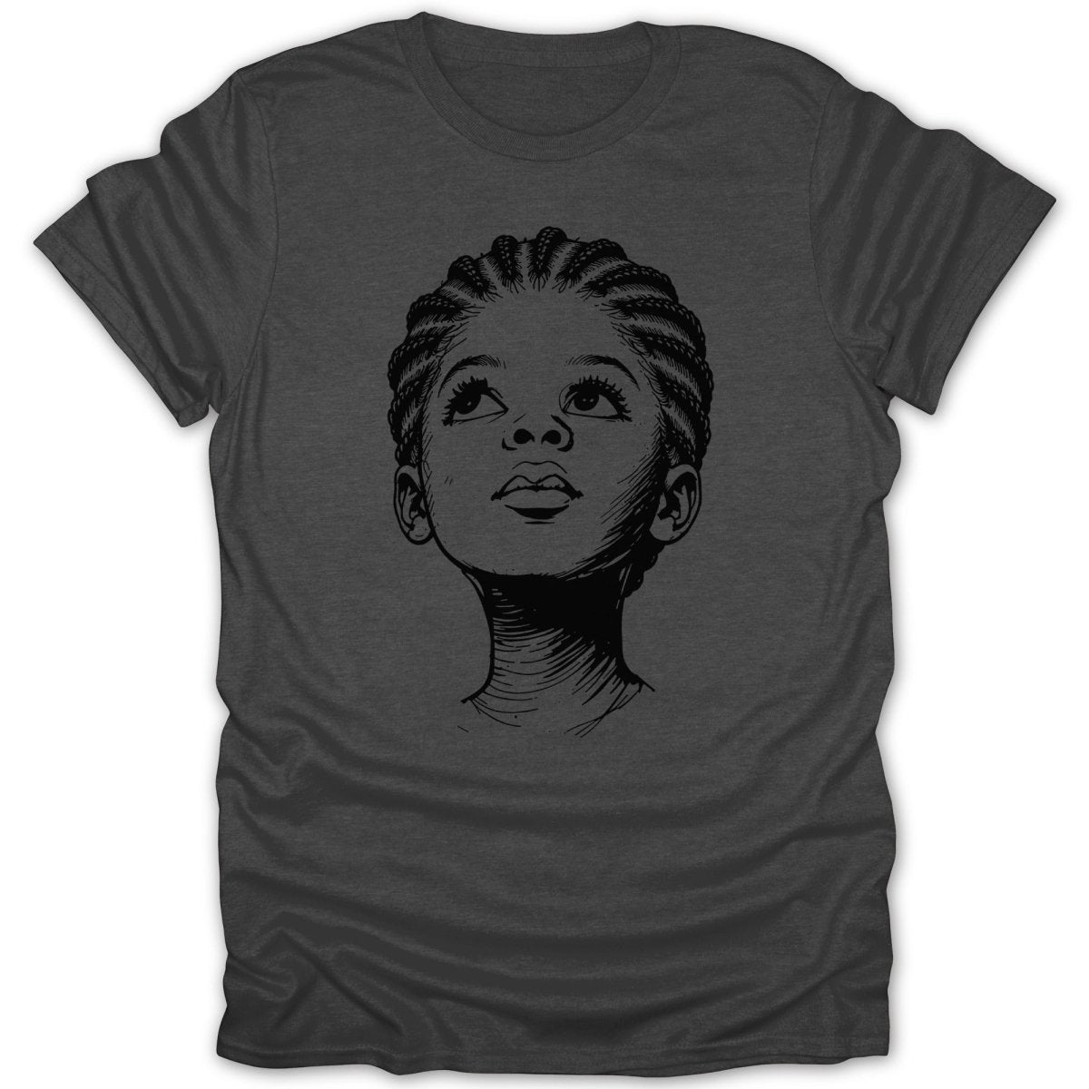 Sketch of a child's face with braided hair looking upwards.