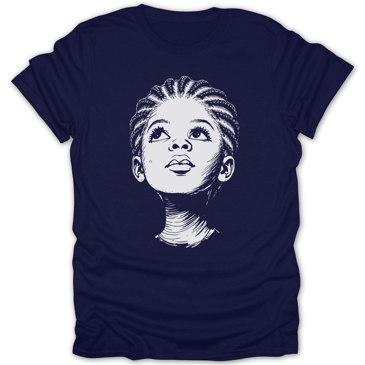 Navy t-shirt with a sketch of a young Black girl looking upwards.