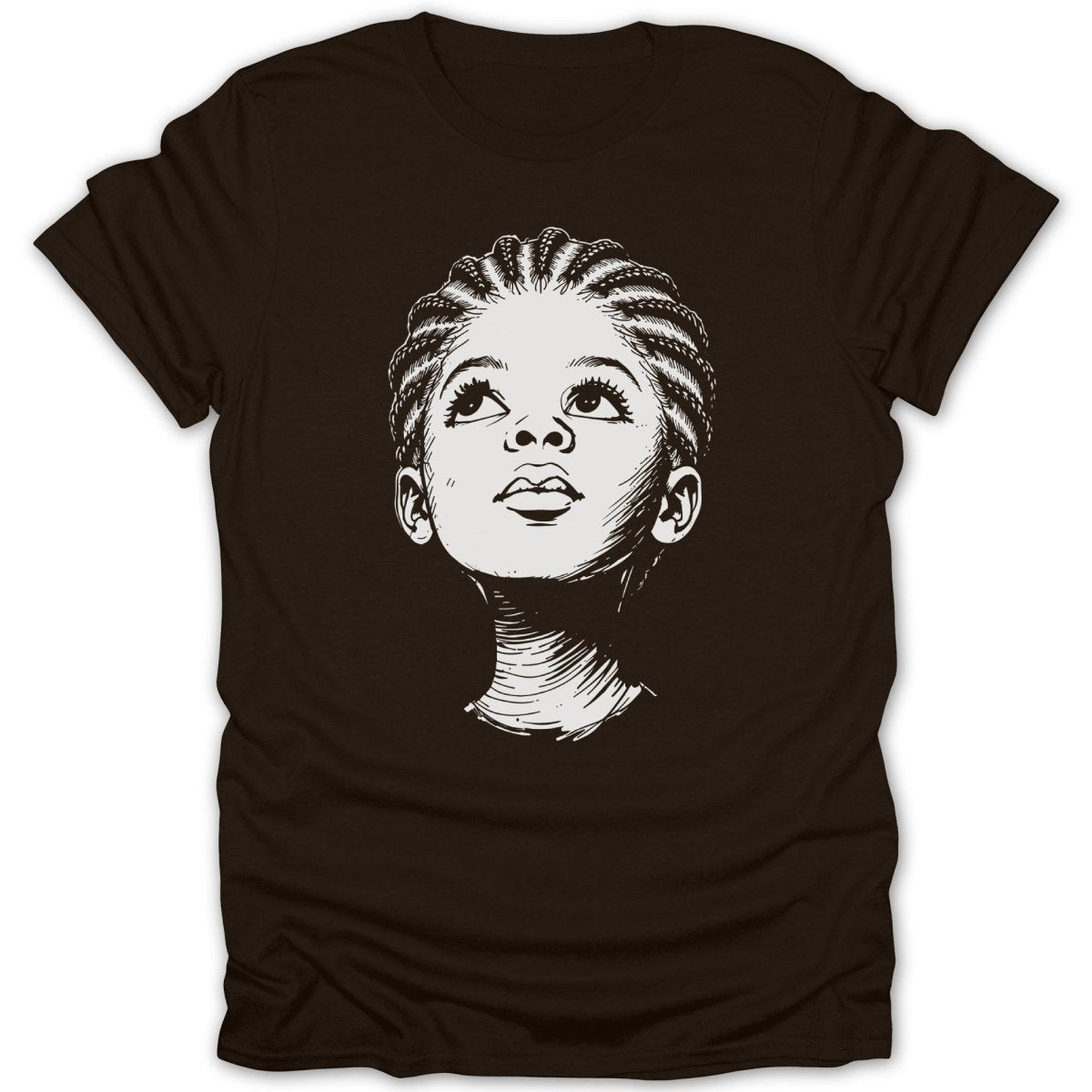 Line drawing of a child with braided hair looking up, on a dark t-shirt.