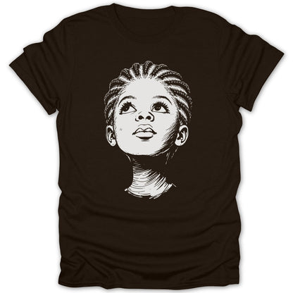 Line drawing of a child with braided hair looking up, on a dark t-shirt.