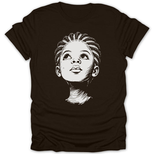 Line drawing of a child with braided hair looking up, on a dark t-shirt.