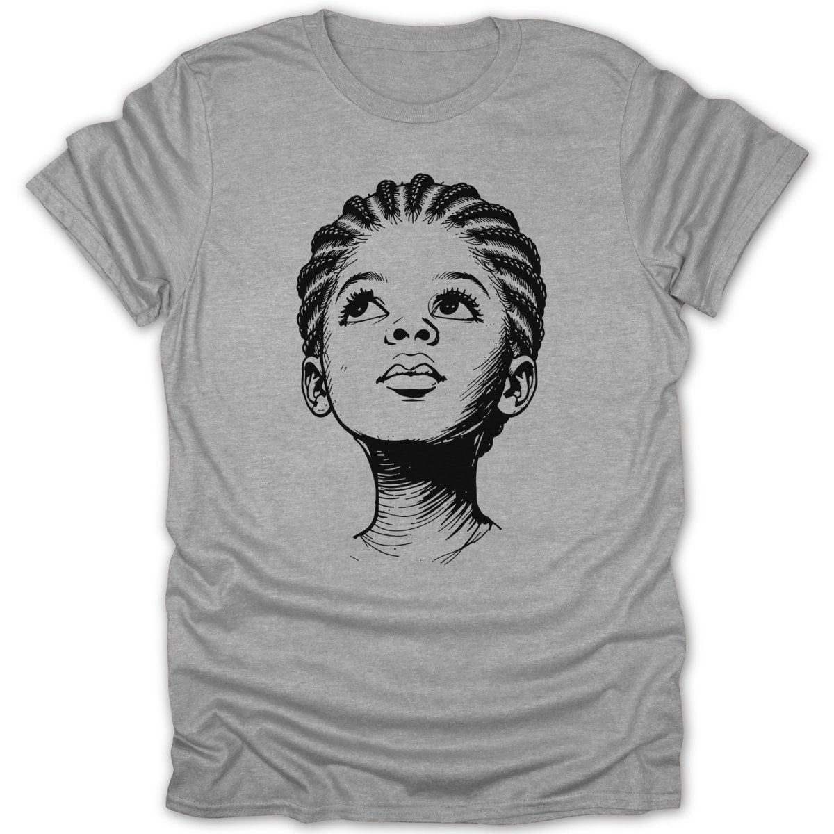 Black and white sketch of a young Black girl with braided hair looking up.