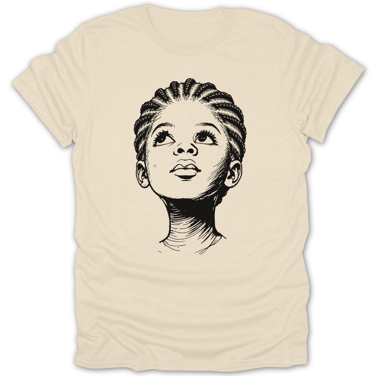 Line drawing of a child's face with braided hair looking upwards.