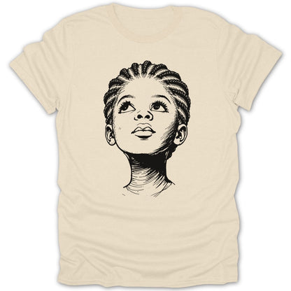 Line drawing of a child's face with braided hair looking upwards.