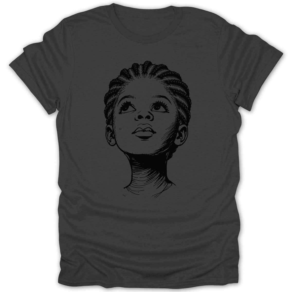 Line drawing of a young Black person with braided hair looking up.