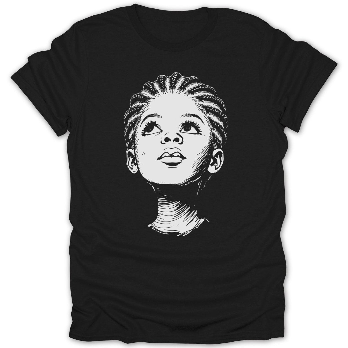 Black t-shirt with a sketch of a young person with braided hair looking up.