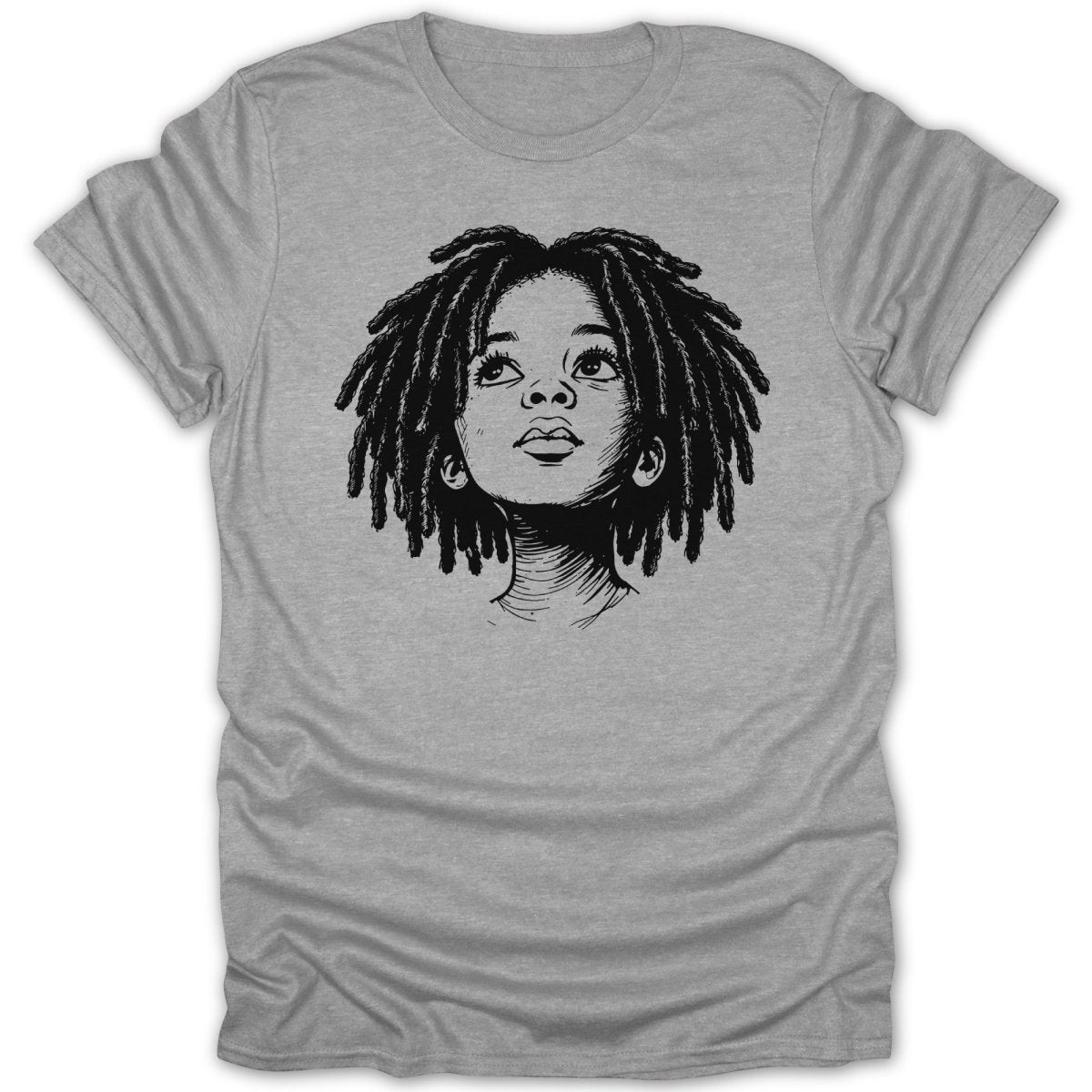 Sketch of a young person with dreadlocks looking upwards on a grey t-shirt.