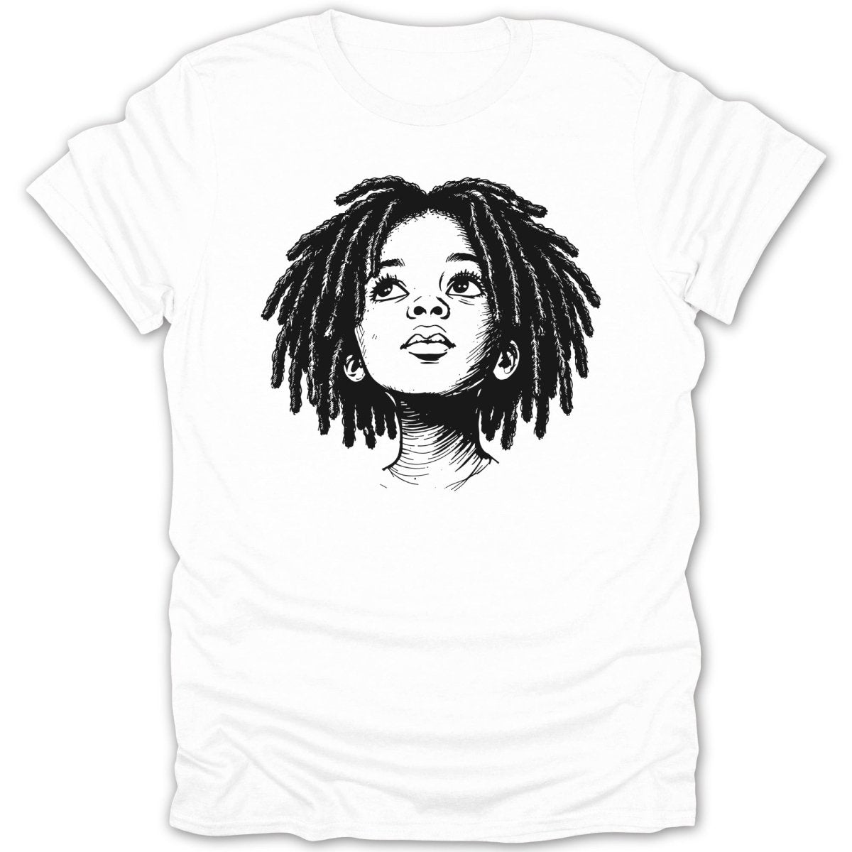 Line drawing of a young person with dreadlocks looking upwards on a white t-shirt.