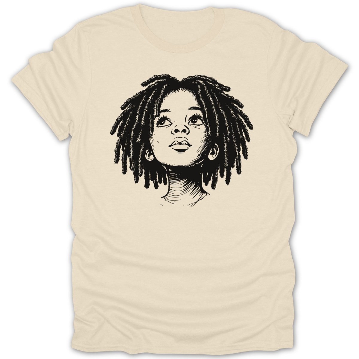 Sketch of a child with dreadlocks looking upwards on a cream t-shirt.