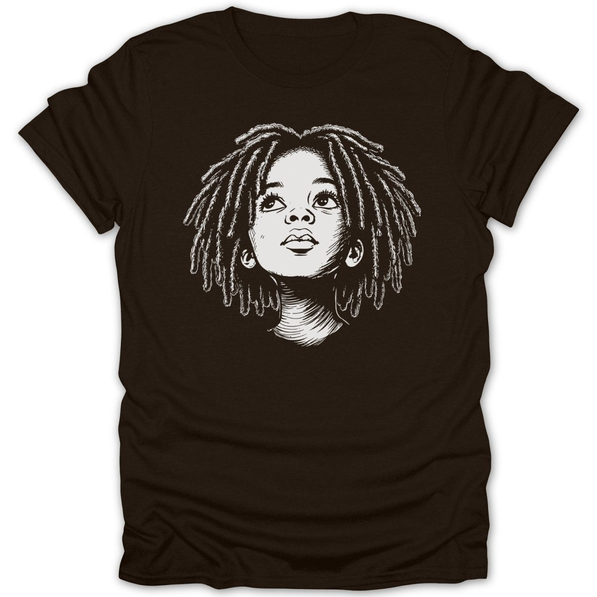 Sketch of a child with dreadlocks looking upwards on a dark t-shirt.