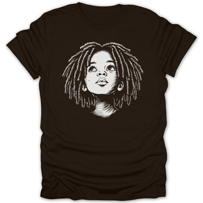 Sketch of a child with dreadlocks looking upwards on a dark t-shirt.