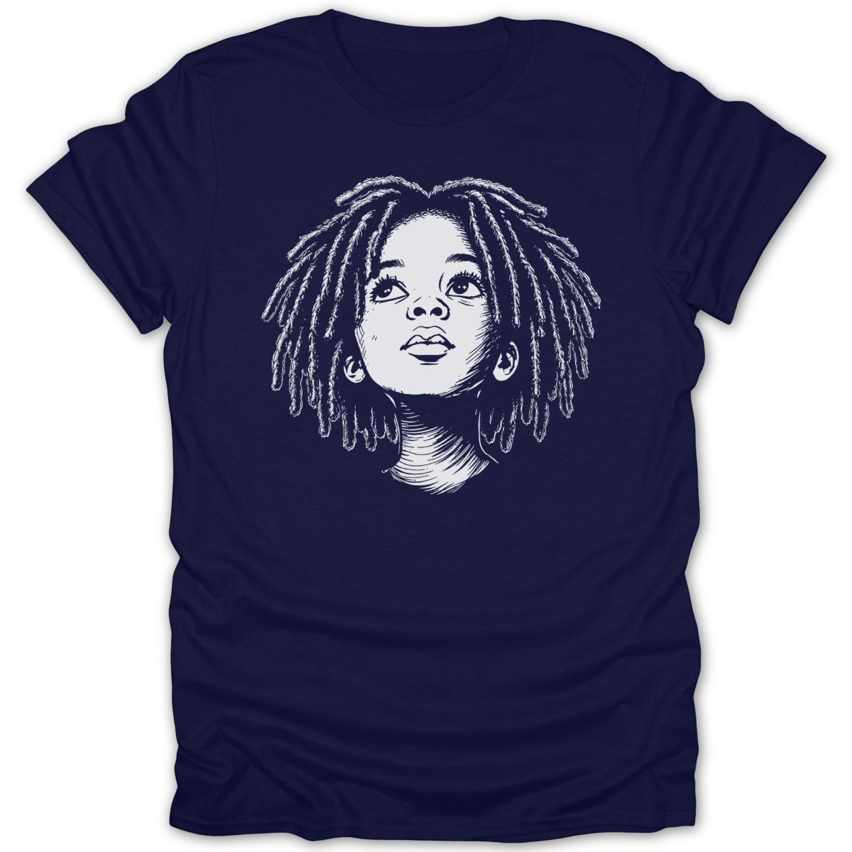 T-shirt with line drawing of a young person with dreadlocks looking up.