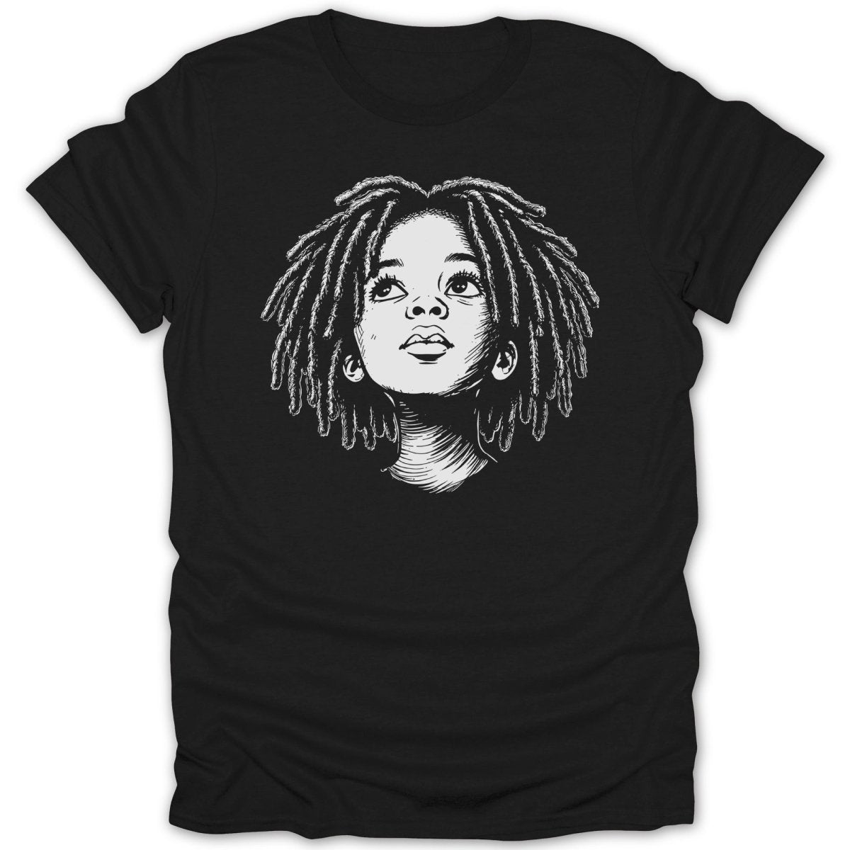 Black t-shirt with a sketch of a young person with dreadlocks looking up.