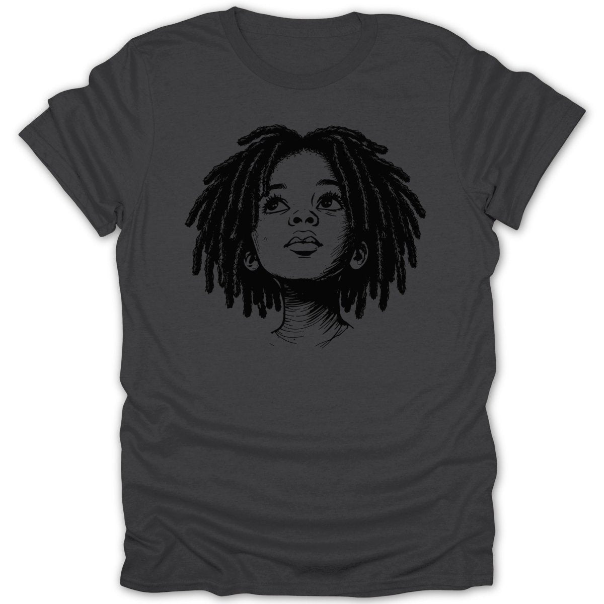 Charcoal sketch of a young Black person with dreadlocks looking upwards on a dark gray t-shirt.