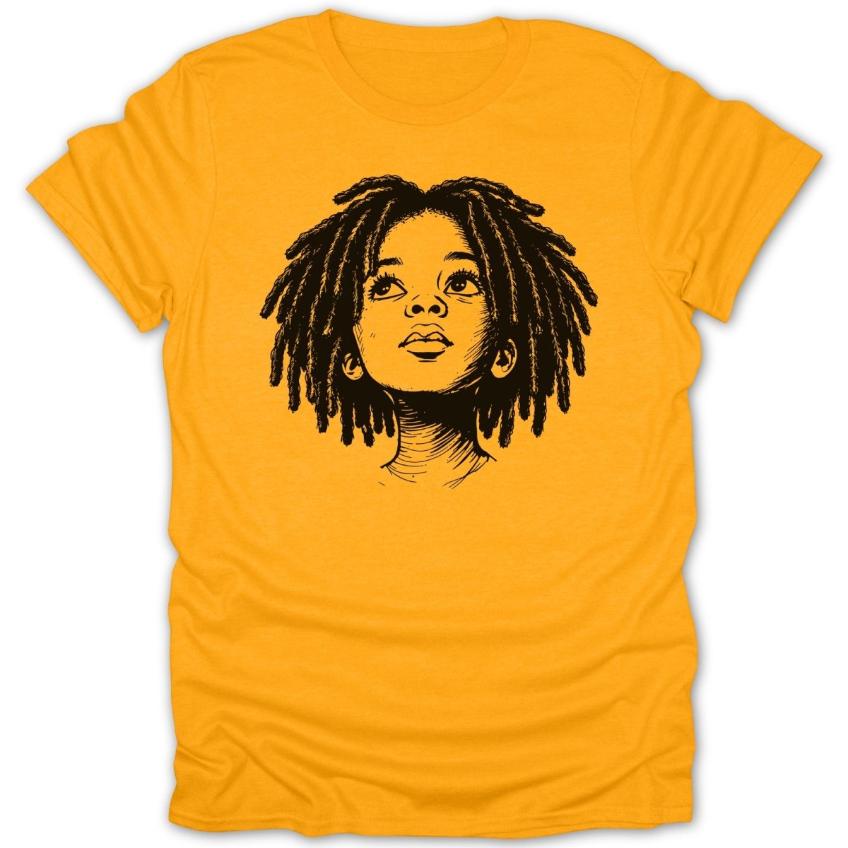 T-shirt with sketch of a young person with dreadlocks looking upwards.