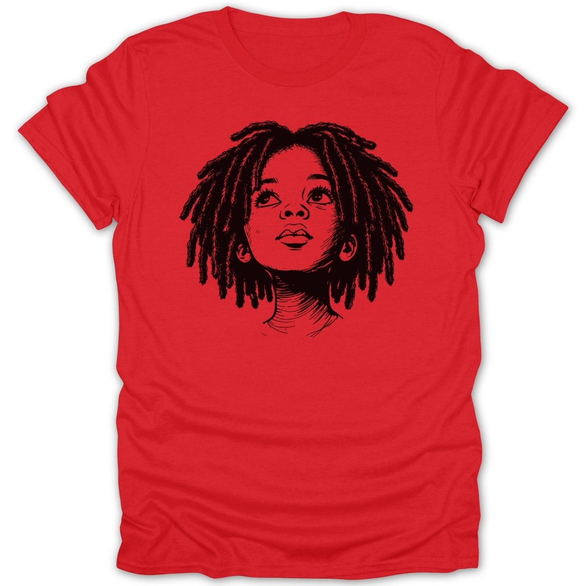 T-shirt with a black line drawing of a young person with dreadlocks.