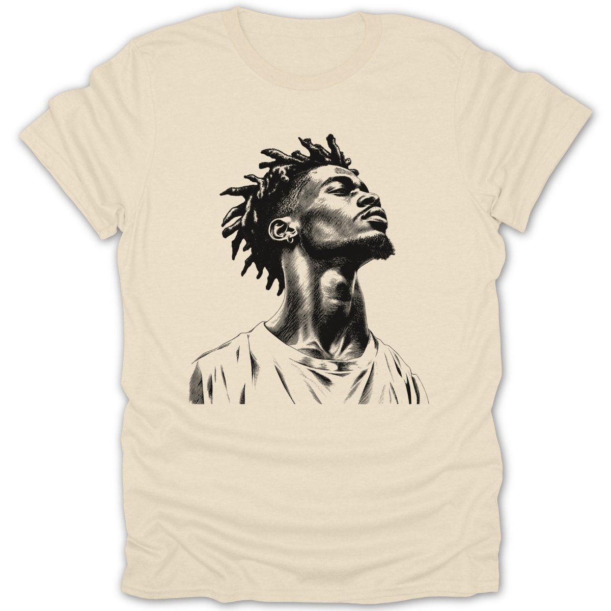 Black and white sketch of a man with dreadlocks looking up on a tan t-shirt.