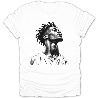 Line art sketch of a man with dreadlocks looking upwards on a white t-shirt.