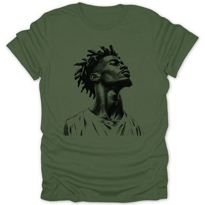 T-shirt with black ink sketch of a man's head and shoulders looking up.