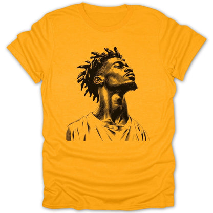 Black ink drawing of a man with dreadlocks on a yellow t-shirt.