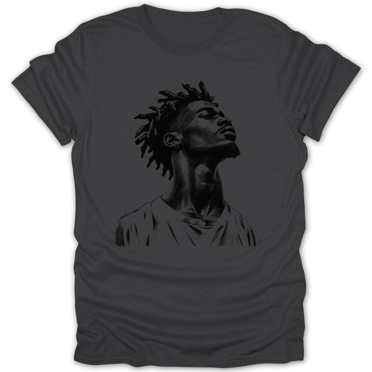 Black ink sketch of a man with dreadlocks looking upwards on a dark grey t-shirt.