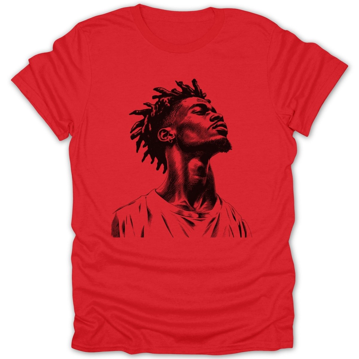 Black line art of a man with dreadlocks looking up on a red t-shirt.