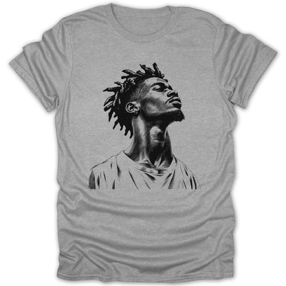 Black and white sketch of a man with dreadlocks on a grey t-shirt.