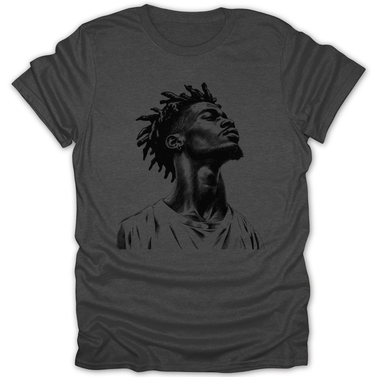 Dark grey t-shirt with a black line art portrait of a man with dreadlocks.