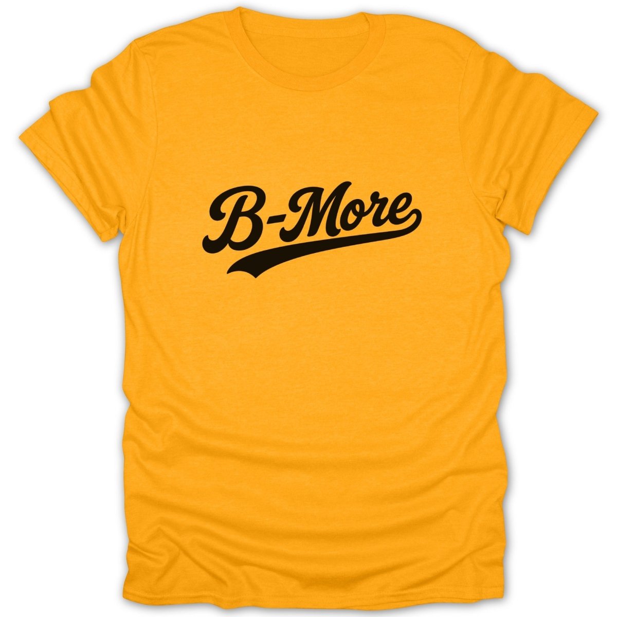 Orange t-shirt with black "B-More" text in a script font.